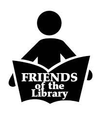 Logo for the friends of the library - silhouette of a person holding an open book